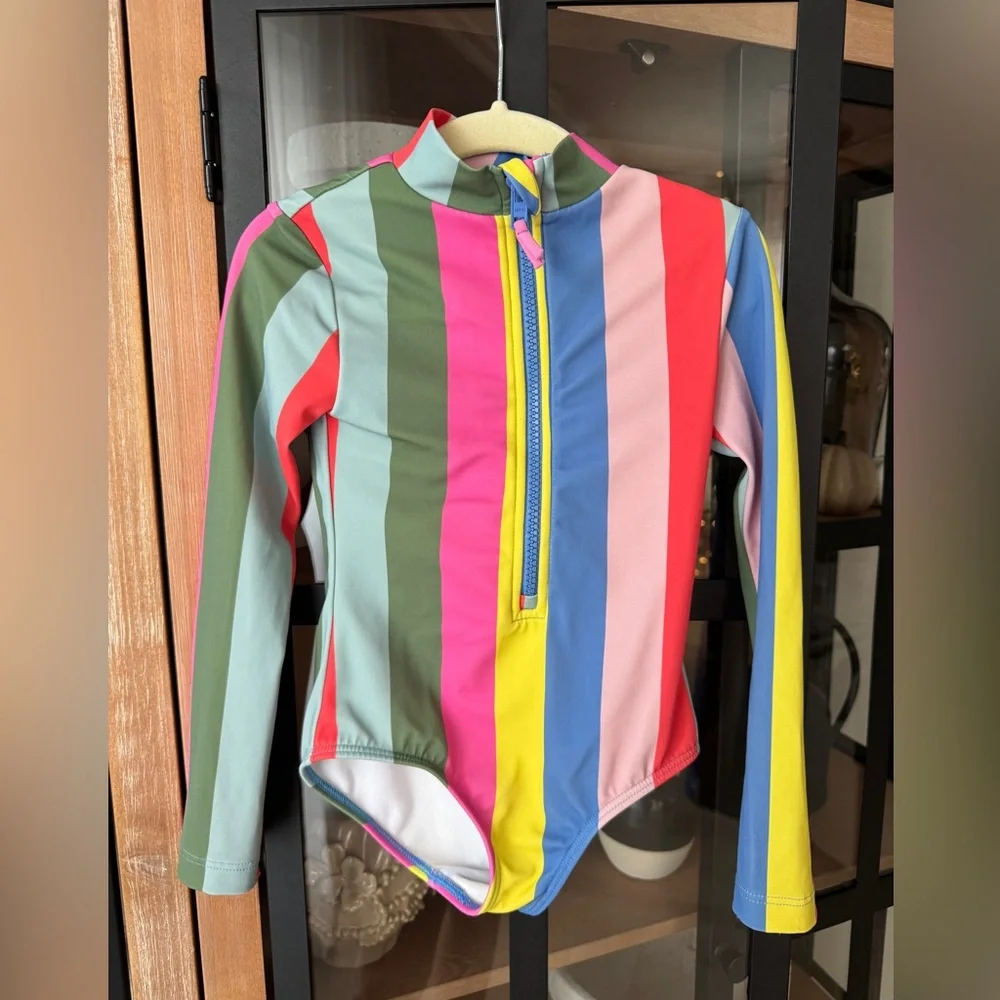 Mini Boden rainbow striped rashguard one piece swimsuit zip long sleeve girls